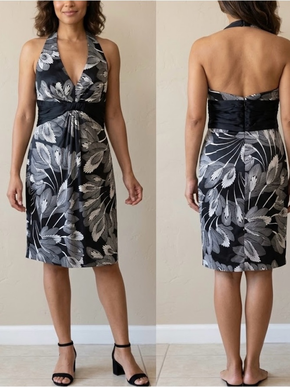 Maggy London Black and White Halter Midi Dress women’s Size 14